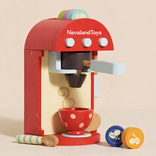 NevalandToys Wooden Kids Coffee Machine Role Play Toy Kitchen Set for Toddlers